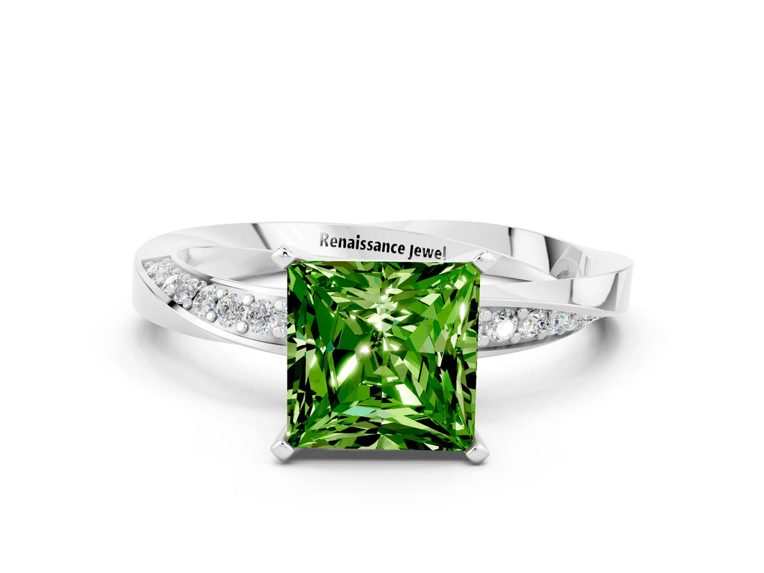 Silver Princess Cut Peridot Engagement Ring with Side Stone Accents and Four-Prong Setting_24