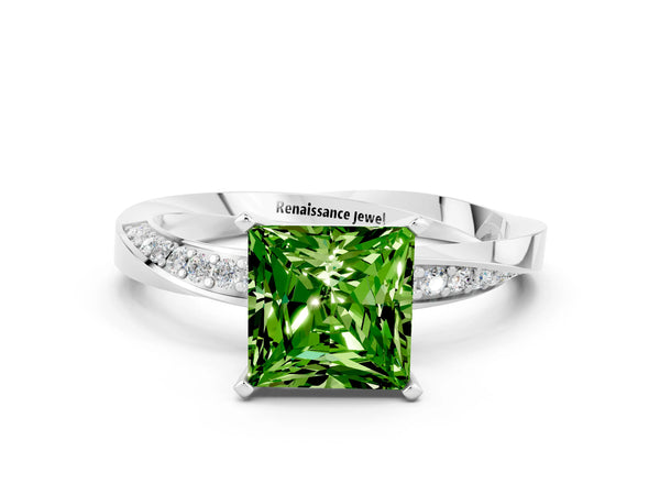 Silver Princess Cut Peridot Engagement Ring with Side Stone Accents and Four-Prong Setting