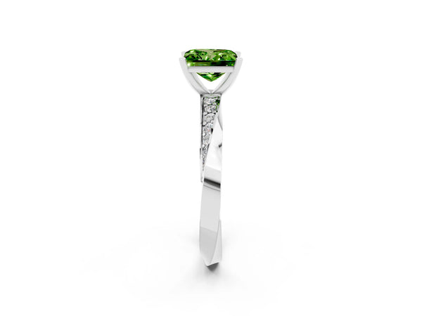 Silver Princess Cut Peridot Engagement Ring with Side Stone Accents and Four-Prong Setting