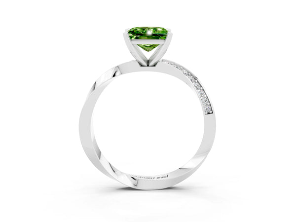Silver Princess Cut Peridot Engagement Ring with Side Stone Accents and Four-Prong Setting