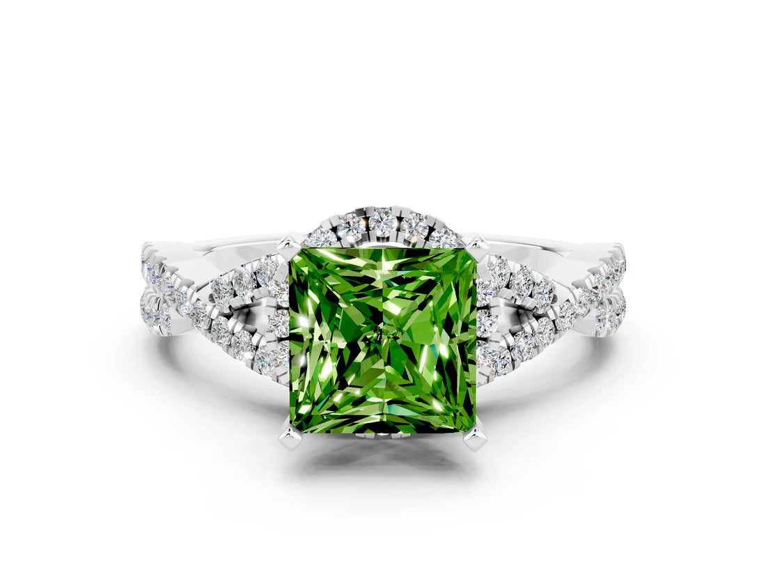 Silver Princess Cut Peridot  Halo Twist Band Solitaire Prong Setting Ring_12