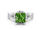 Silver Princess Cut Peridot  Halo Twist Band Solitaire Prong Setting Ring_12