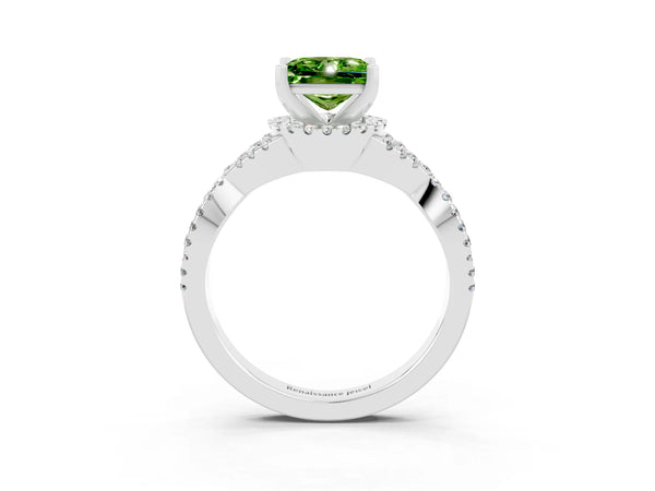 Silver Princess Cut Peridot  Halo Twist Band Solitaire Prong Setting Ring