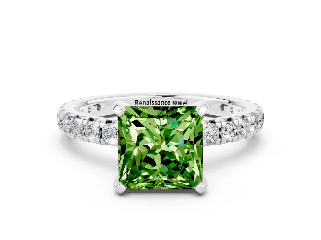 Silver Princess Cut Peridot Pavé Solitaire Ring with Round Band and Prong Setting_72