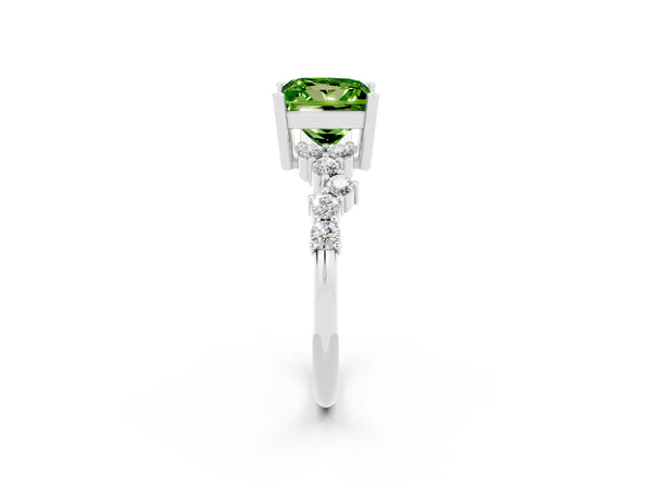 Silver Princess Cut Peridot Scattered Round Accent Ring with Prong Setting