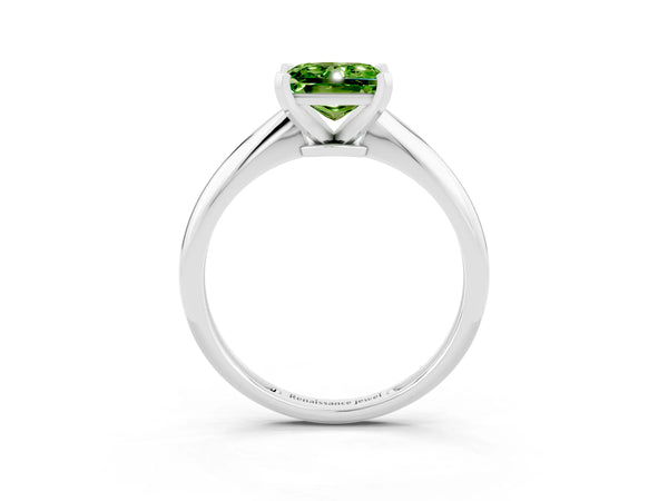 Silver Princess Cut Peridot Solitaire Engagement Ring with Classic Band and Four-Prong Setting