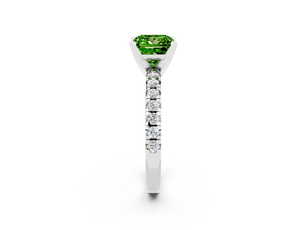 Silver Princess Cut Peridot Solitaire Pavé Engagement Ring with Round Band and Prong Setting