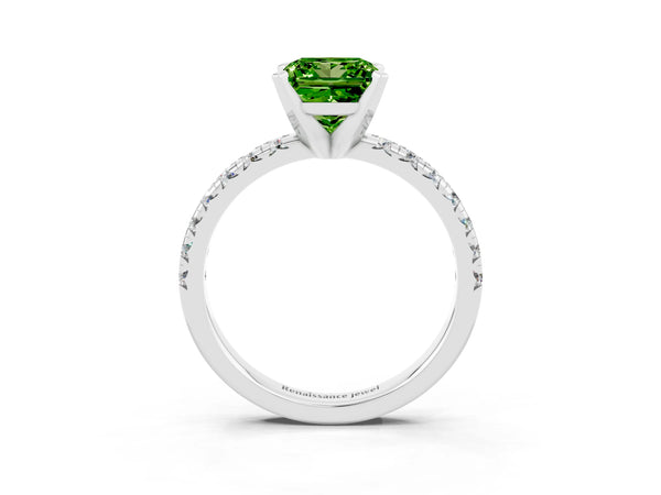 Silver Princess Cut Peridot Solitaire Pavé Engagement Ring with Round Band and Prong Setting