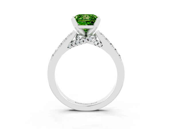 Silver Princess Cut Peridot Solitaire Ring with Crossover Gallery and Round  Pavé Band