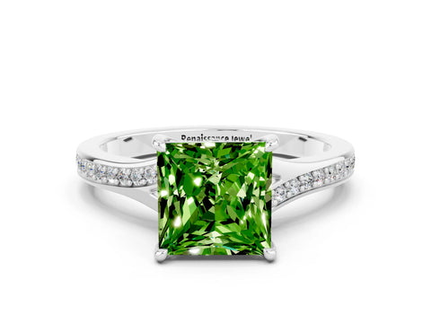 Silver Princess Cut Peridot Solitaire Ring with Pavé Band and Prong Setting_12