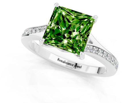 Silver Princess Cut Peridot Solitaire Ring with Pavé Band and Prong Setting_13