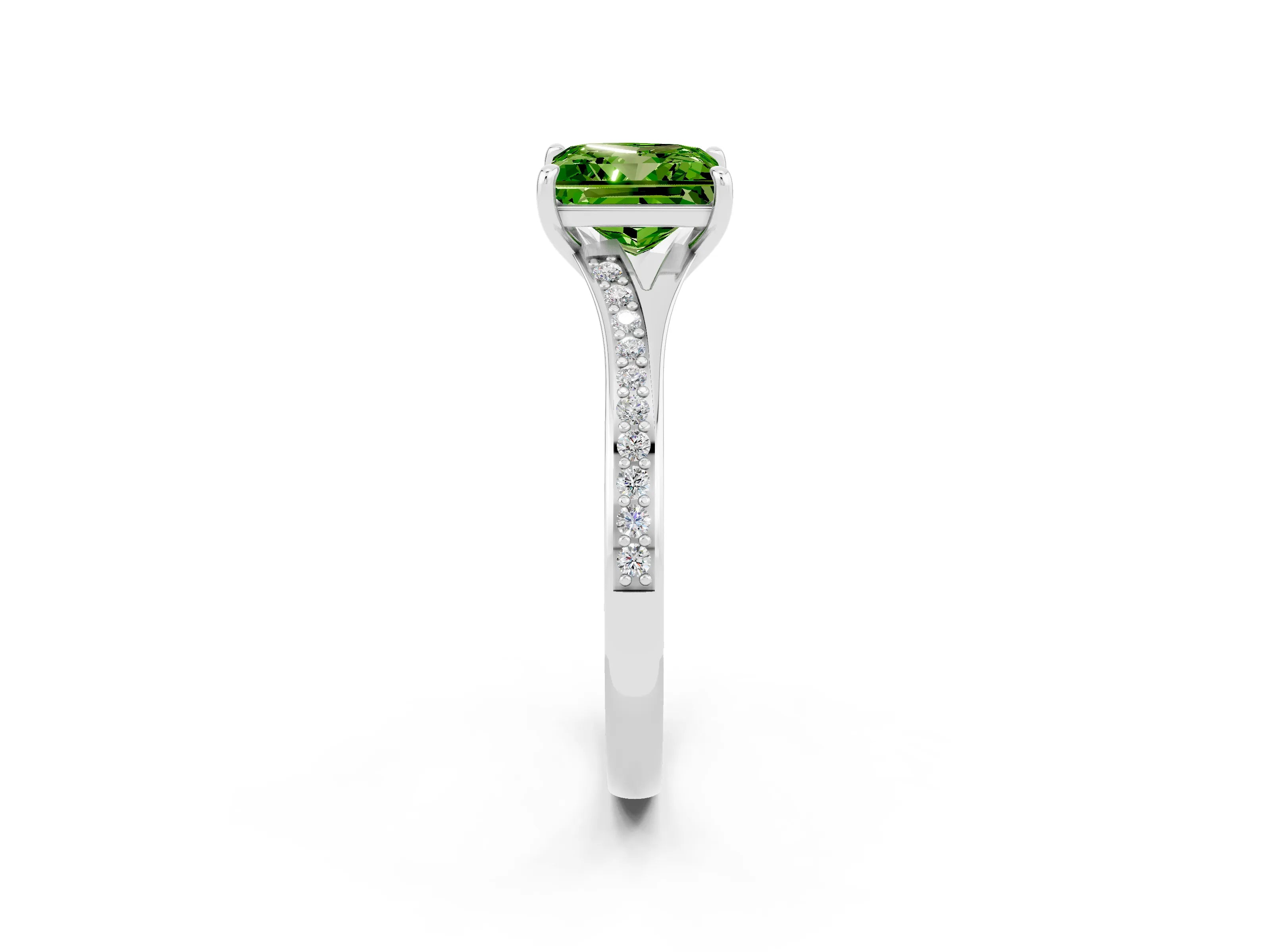 Silver Princess Cut Peridot Solitaire Ring with Pavé Band and Prong Setting_14