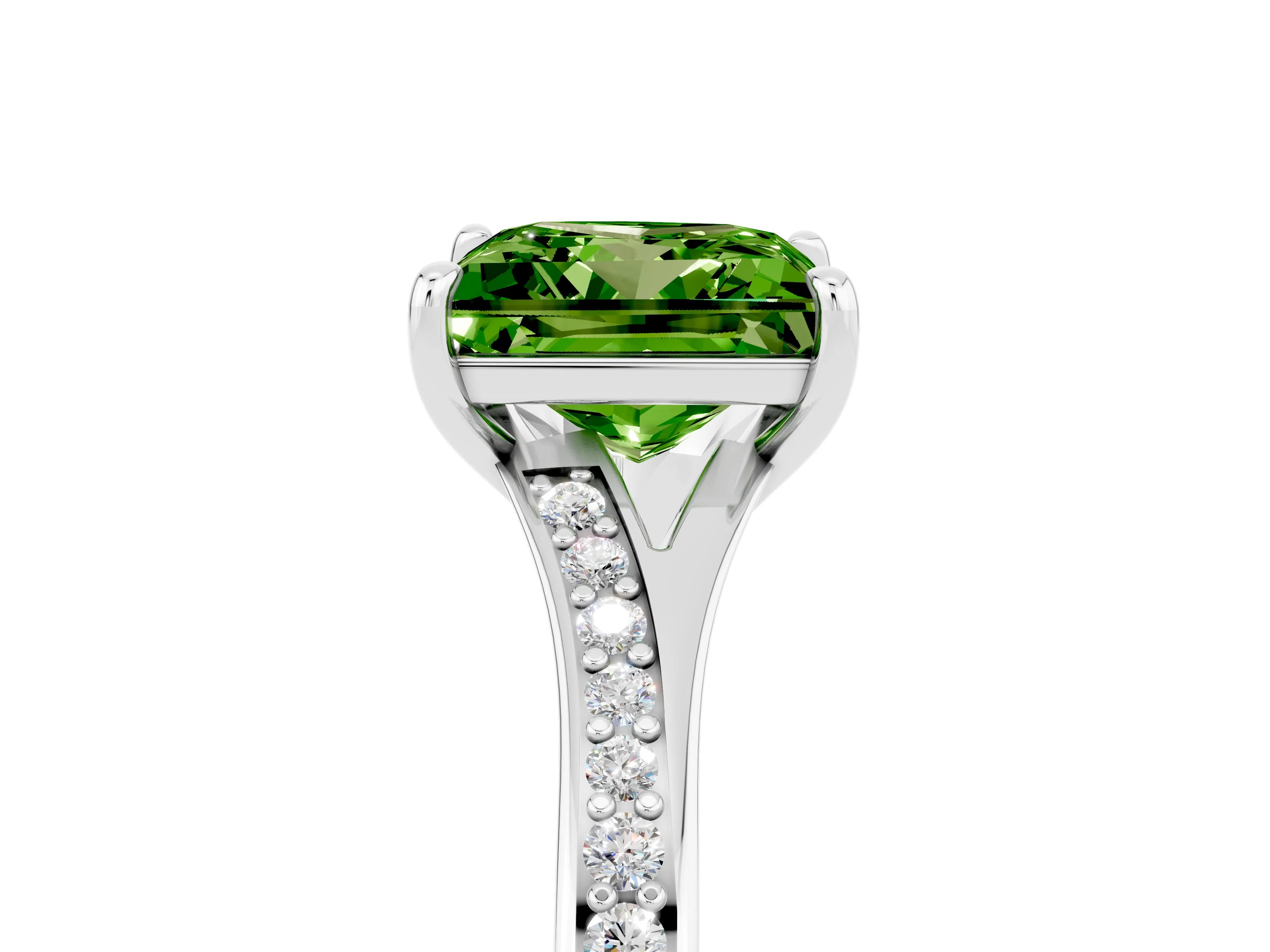 Silver Princess Cut Peridot Solitaire Ring with Pavé Band and Prong Setting_17