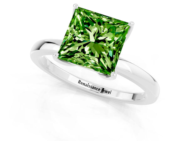 Silver Princess Cut Peridot Solitaire Ring with Thin Band and Prong Setting