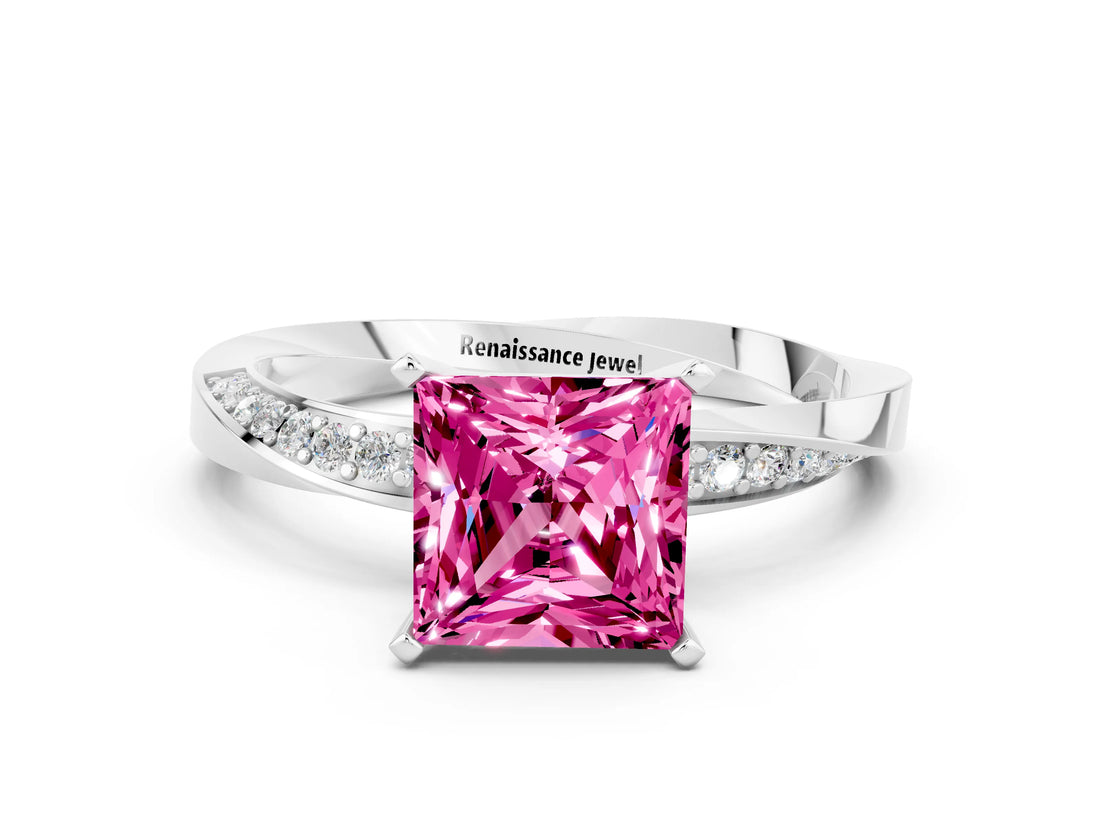 Silver Princess Cut Pink Sapphire Engagement Ring with Side Stone Accents and Four-Prong Setting_12