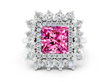 Silver Princess Cut Pink Sapphire Floral Double Halo Engagement Ring with Prong Setting_138