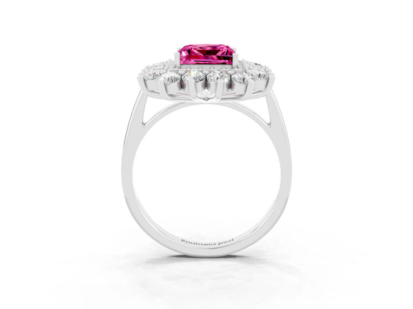 Sterling Silver Princess Cut Lab-Grown Pink Sapphire Floral Double Halo Engagement Ring