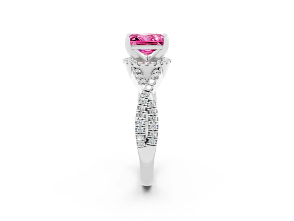 Silver Princess Cut Pink Sapphire  Halo Twist Band Solitaire Prong Setting Ring