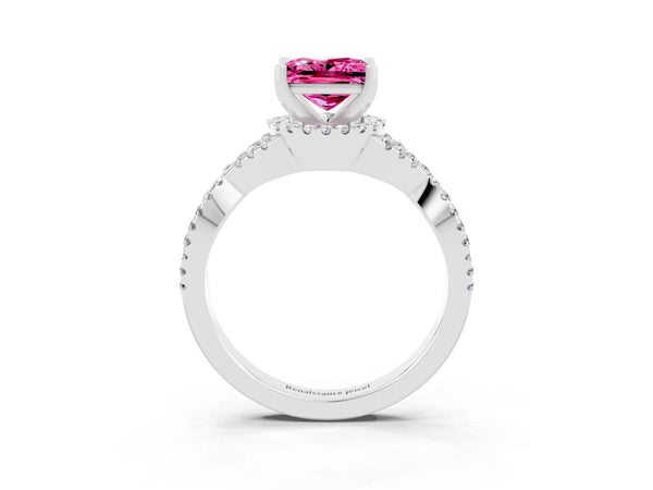 Silver Princess Cut Pink Sapphire  Halo Twist Band Solitaire Prong Setting Ring