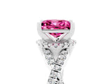 Silver Princess Cut Pink Sapphire  Halo Twist Band Solitaire Prong Setting Ring_17