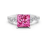 Silver Princess Cut Pink Sapphire Scattered Round Accent Ring with Prong Setting_36
