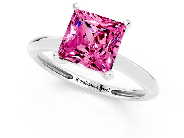 Silver Princess Cut Pink Sapphire Solitaire Engagement Ring with Classic Band and Four-Prong Setting