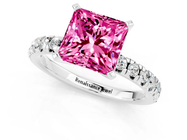 Silver Princess Cut Pink Sapphire Solitaire Pavé Engagement Ring with Round Band and Prong Setting