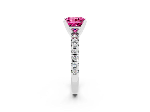 Silver Princess Cut Pink Sapphire Solitaire Pavé Engagement Ring with Round Band and Prong Setting