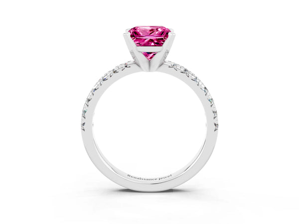 Silver Princess Cut Pink Sapphire Solitaire Pavé Engagement Ring with Round Band and Prong Setting