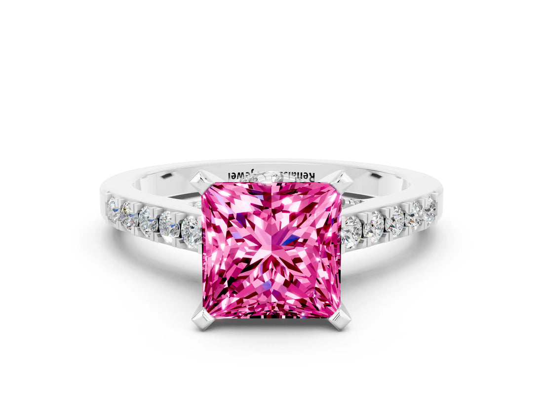 Silver Princess Cut Pink Sapphire Solitaire Ring with Crossover Gallery and Round  Pavé Band_42