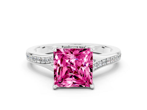 Silver Princess Cut Pink Sapphire Solitaire Ring with Pavé Band and Prong Setting_12