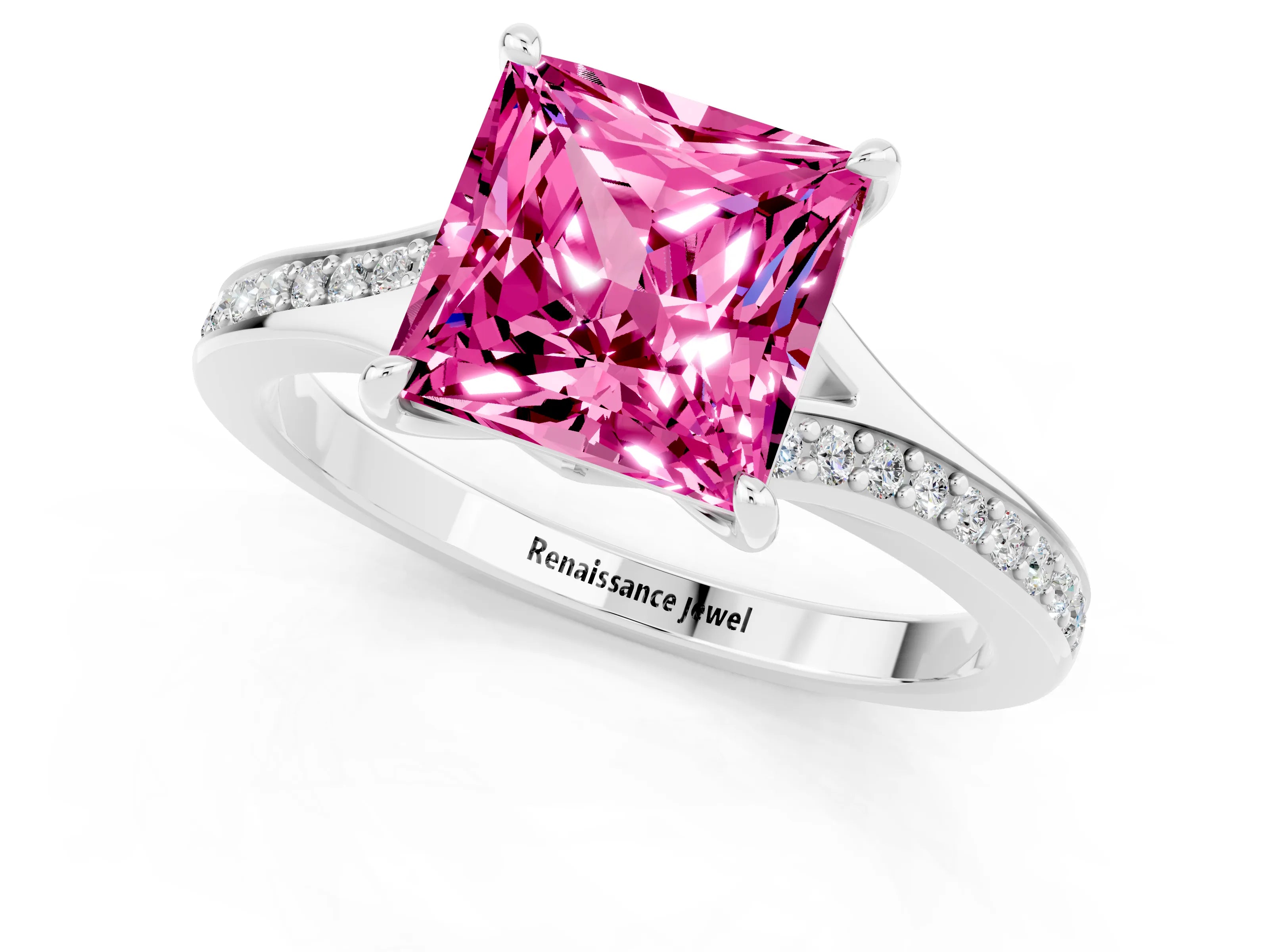 Silver Princess Cut Pink Sapphire Solitaire Ring with Pavé Band and Prong Setting_13
