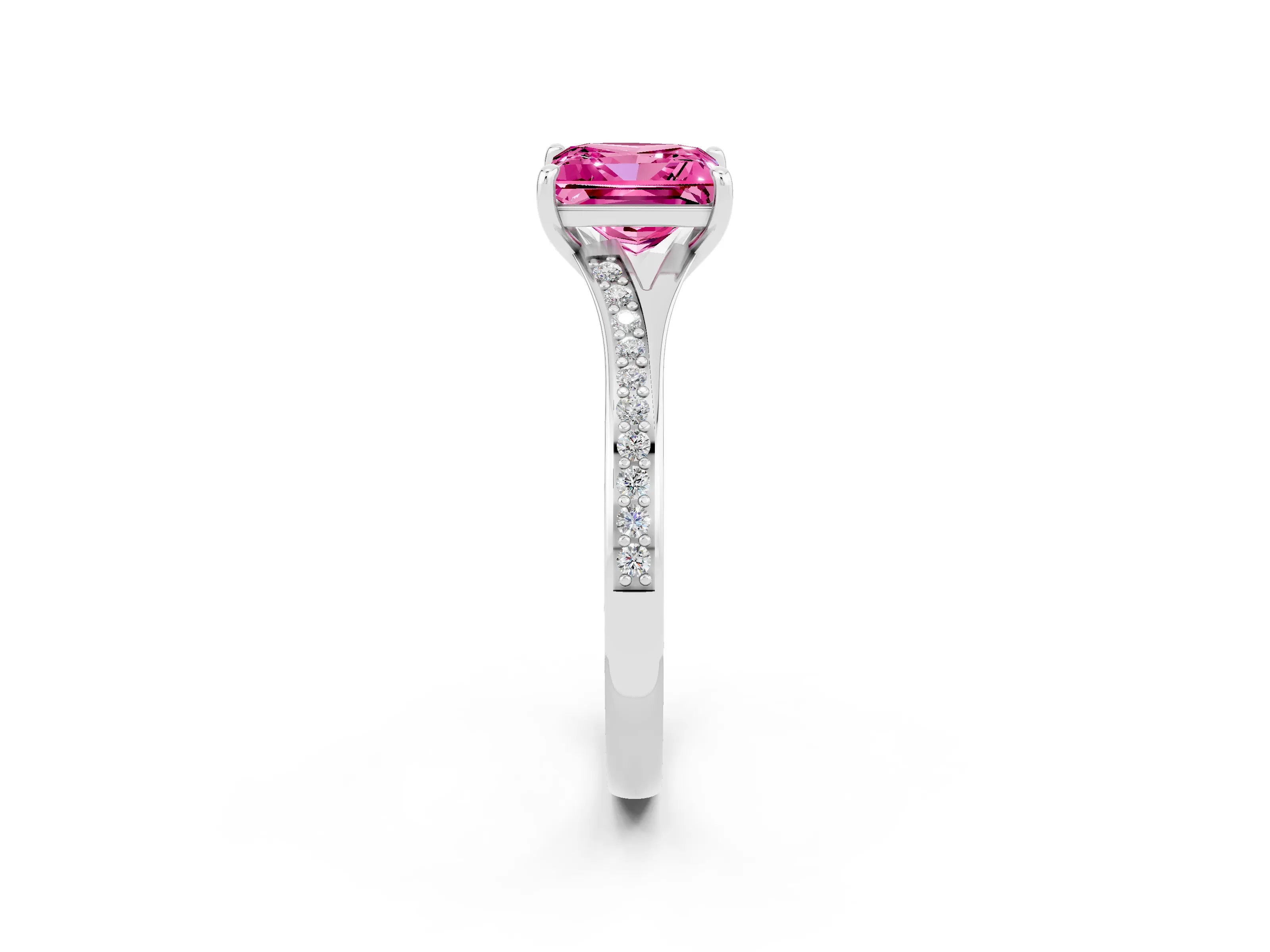 Silver Princess Cut Pink Sapphire Solitaire Ring with Pavé Band and Prong Setting_14