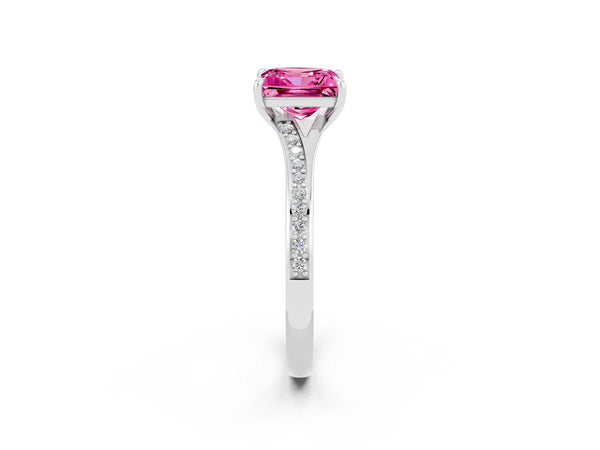 Sterling Silver Princess Cut Lab-Grown Pink Sapphire Pave Solitaire Engagement Ring with Sweeping Shoulders