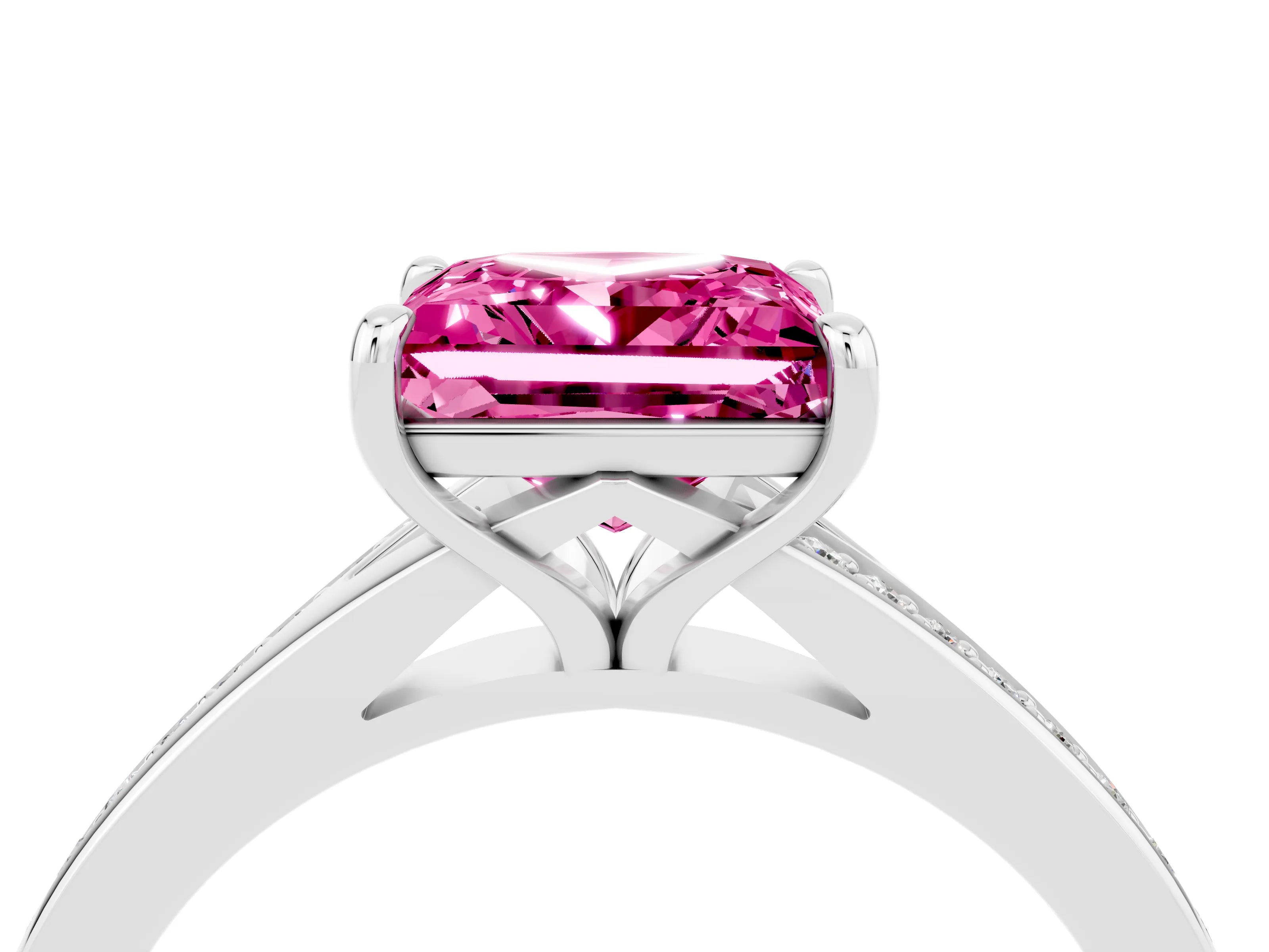Silver Princess Cut Pink Sapphire Solitaire Ring with Pavé Band and Prong Setting_16