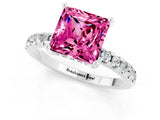 Silver Princess Cut Pink Sapphire Solitaire Ring with Round  Pavé Band and Four-Prong Setting_37