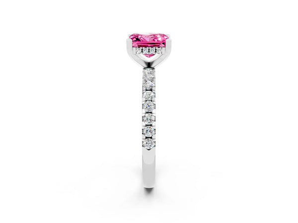 Silver Princess Cut Pink Sapphire Solitaire Ring with Round Pavé Band and Four-Prong Setting