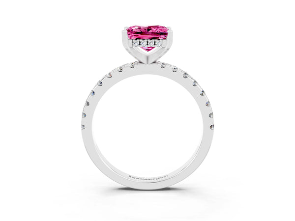 Silver Princess Cut Pink Sapphire Solitaire Ring with Round Pavé Band and Four-Prong Setting