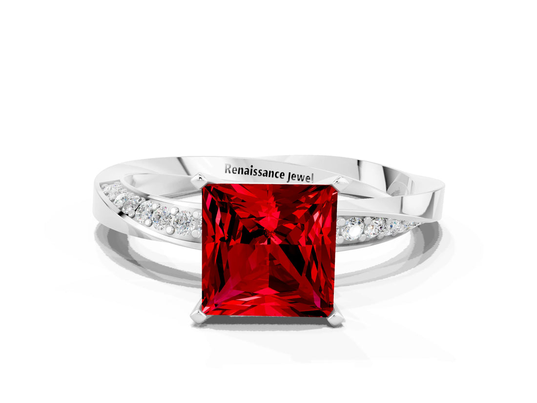 Silver Princess Cut Ruby Engagement Ring with Side Stone Accents and Four-Prong Setting_12