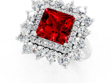 Silver Princess Cut Ruby Floral Double Halo Engagement Ring with Prong Setting_196