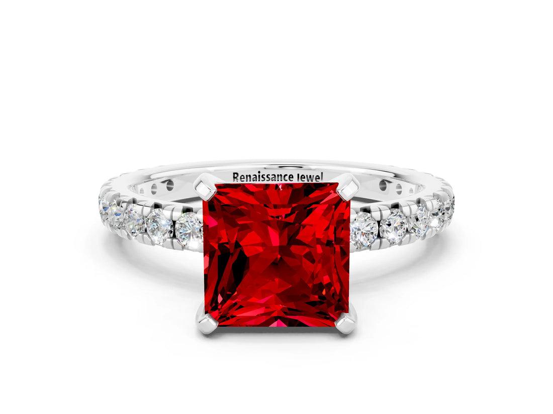 Silver Princess Cut Ruby Pavé Solitaire Ring with Round Band and Prong Setting_42