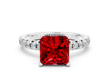 Silver Princess Cut Ruby Solitaire Pavé Engagement Ring with Round Band and Prong Setting_97