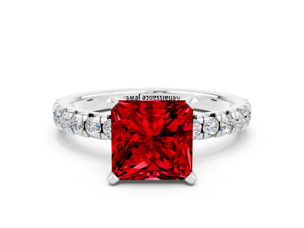 Silver Princess Cut Ruby Solitaire Pavé Engagement Ring with Round Band and Prong Setting
