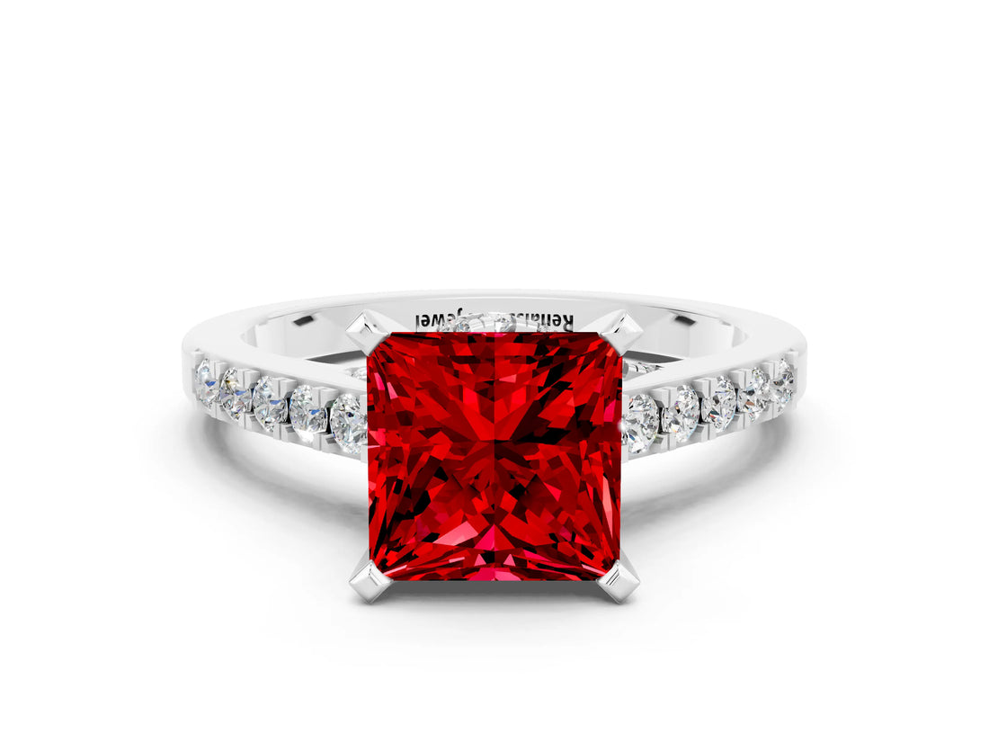 Silver Princess Cut Ruby Solitaire Ring with Crossover Gallery and Round  Pavé Band_49