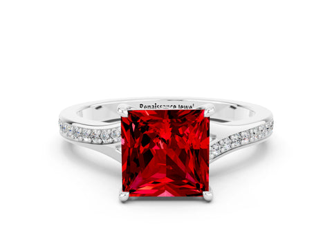 Silver Princess Cut Ruby Solitaire Ring with Pavé Band and Prong Setting_12