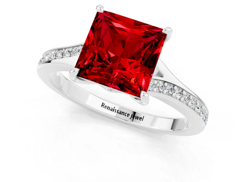 Silver Princess Cut Ruby Solitaire Ring with Pavé Band and Prong Setting_13