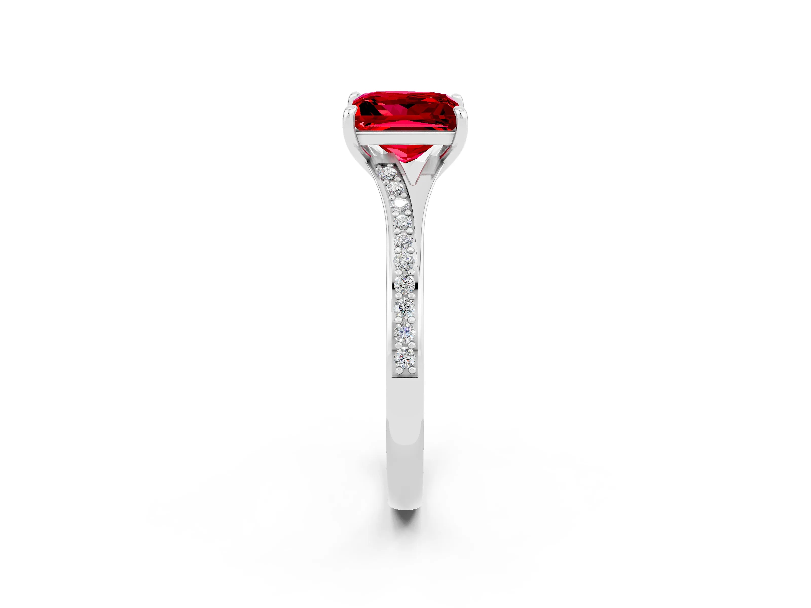 Silver Princess Cut Ruby Solitaire Ring with Pavé Band and Prong Setting_14