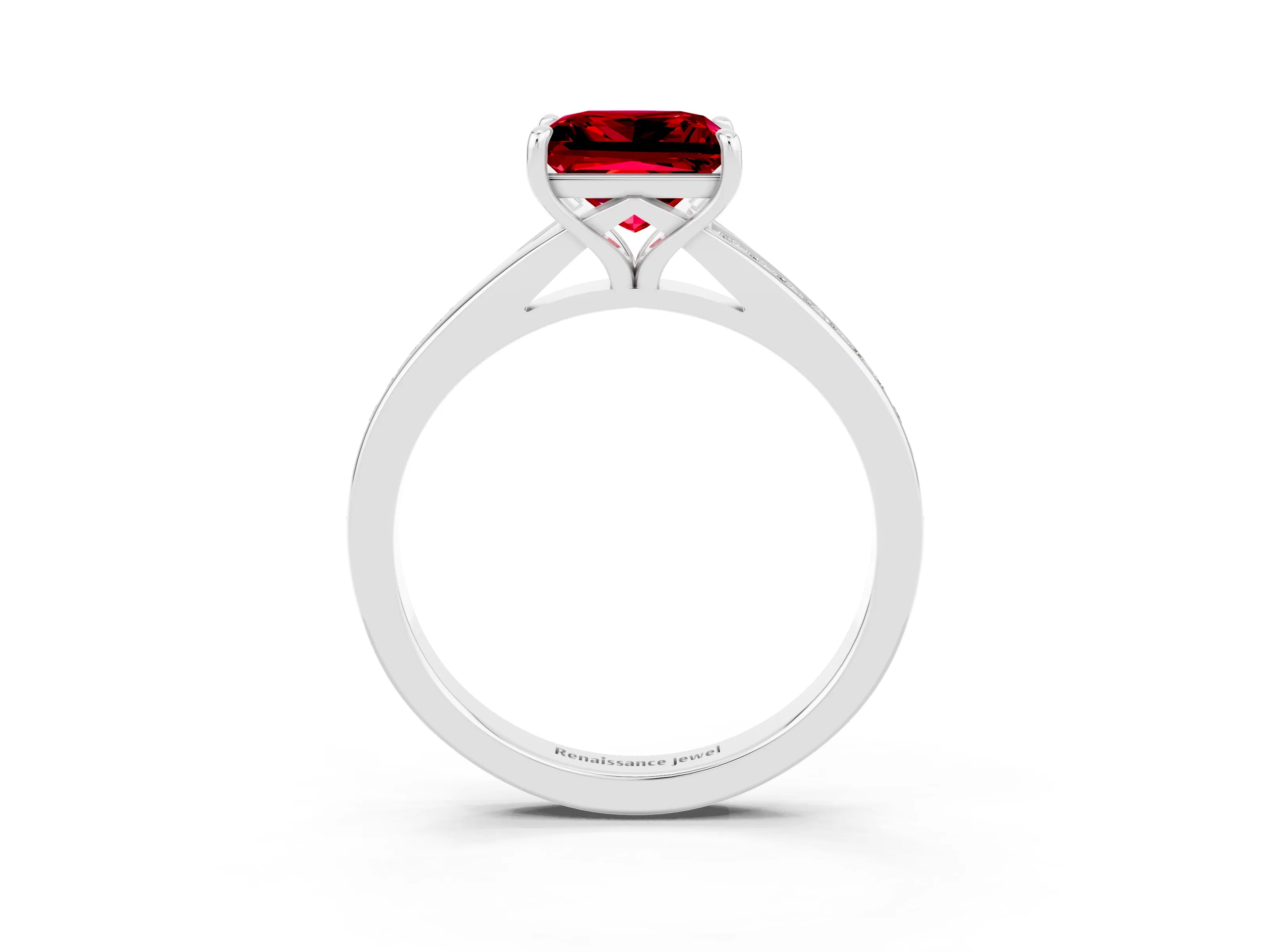 Silver Princess Cut Ruby Solitaire Ring with Pavé Band and Prong Setting_15