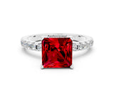 Silver Princess Cut Ruby Solitaire Ring with Round  Pavé Band and Four-Prong Setting_24