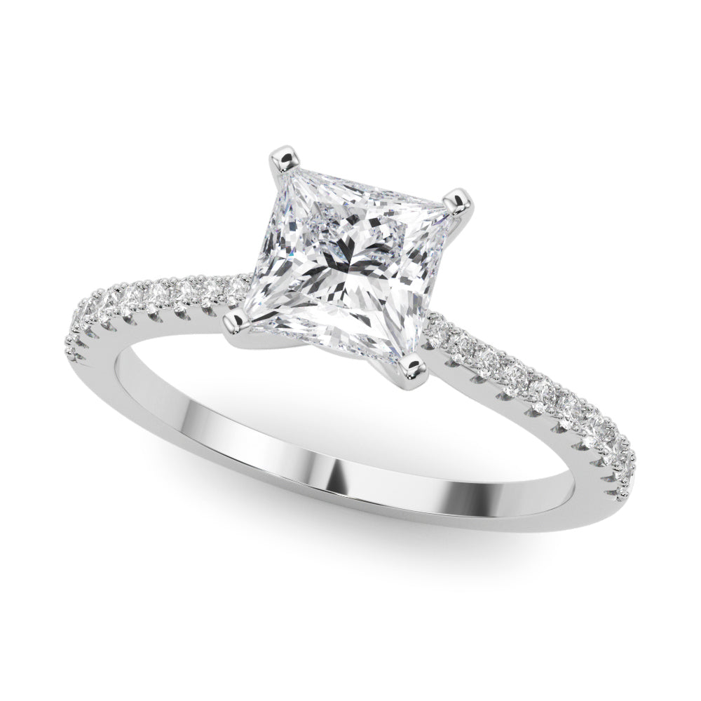 Silver Princess Cut Solitaire Diamond Engagement Ring with Pave Band and Four-Prong Setting 2